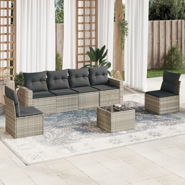 Salon de jardin avec coussins 7 pcs gris clair résine tressée – Image 1