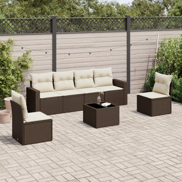 Salon de jardin avec coussins 7 pcs marron résine tressée – Image 1