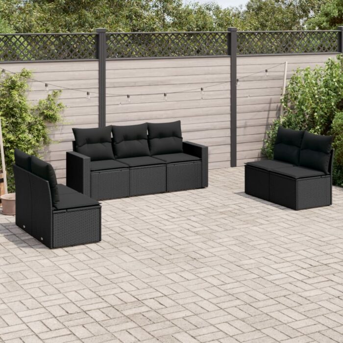 Salon de jardin 7 pcs avec coussins noir résine tressée – Image 1