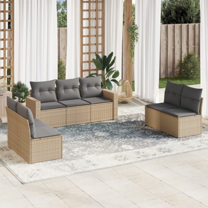 Salon de jardin avec coussins 7 pcs beige résine tressée – Image 1
