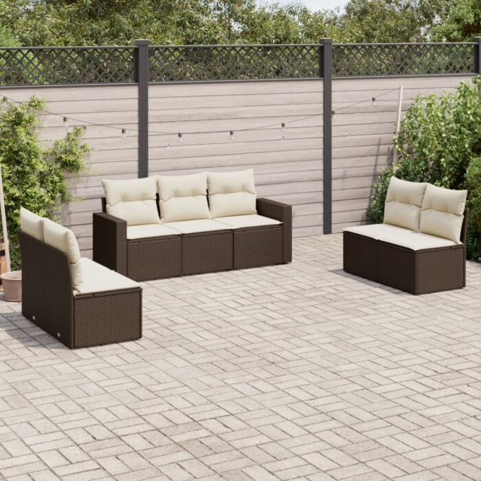 Salon de jardin avec coussins 7 pcs marron résine tressée – Image 1