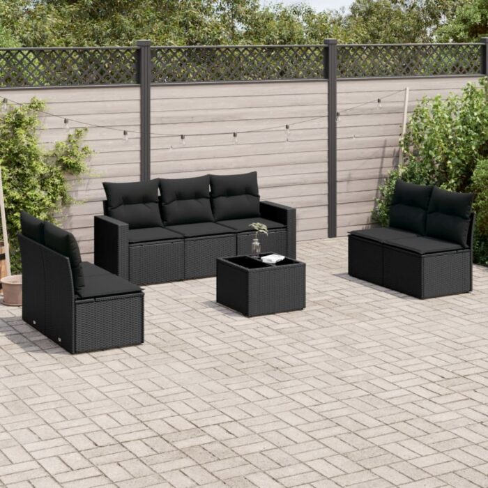 Salon de jardin 8 pcs avec coussins noir résine tressée – Image 1