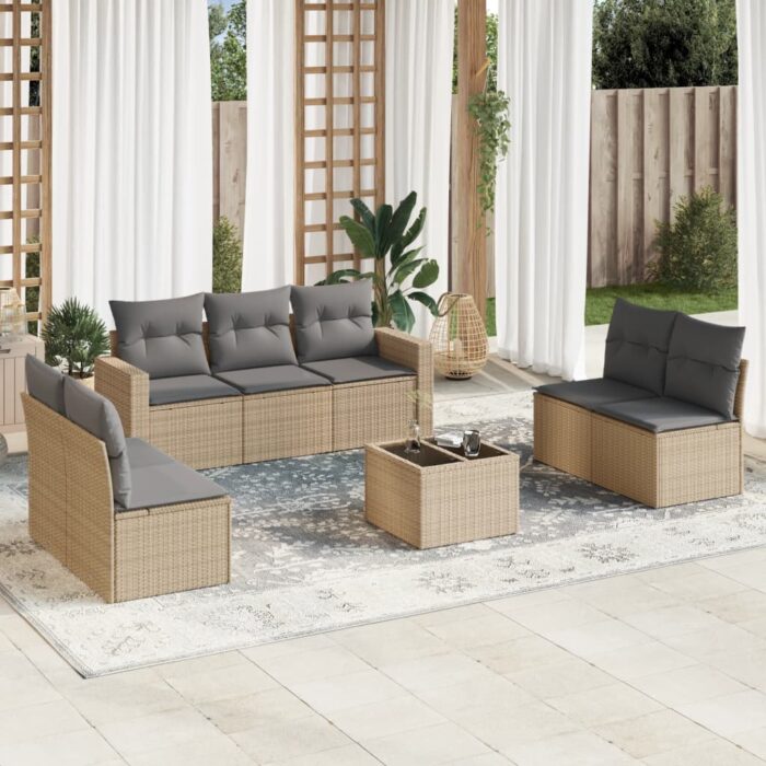 Salon de jardin avec coussins 8 pcs beige résine tressée – Image 1
