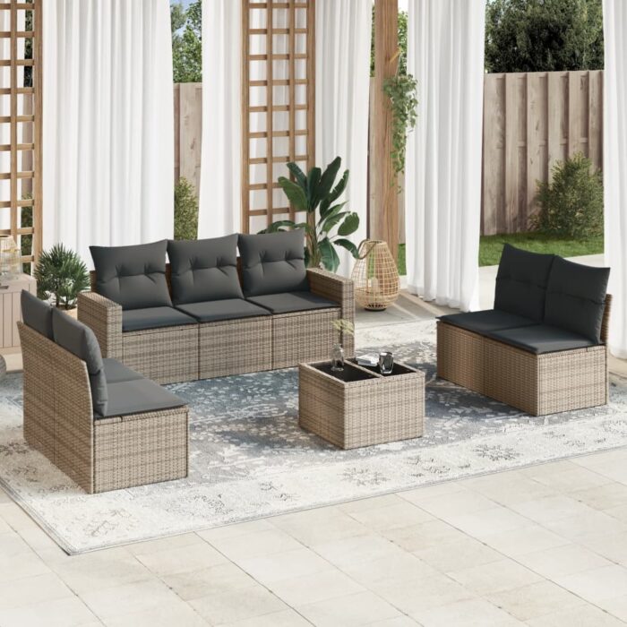 Salon de jardin 8 pcs avec coussins gris résine tressée – Image 1