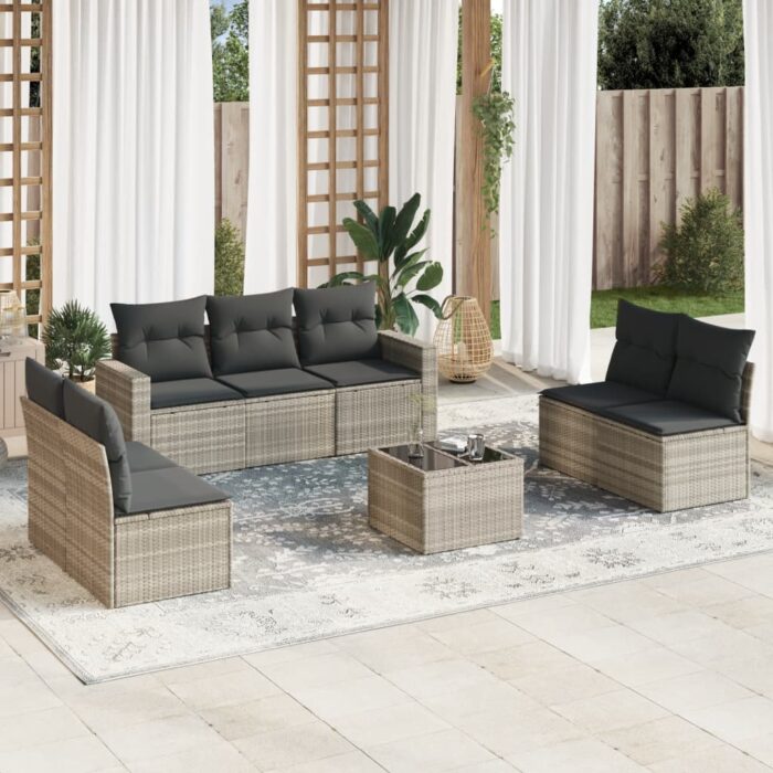 Salon de jardin 8 pcs avec coussins gris clair résine tressée – Image 1