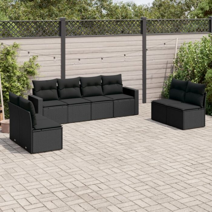 Salon de jardin 8 pcs avec coussins noir résine tressée – Image 1