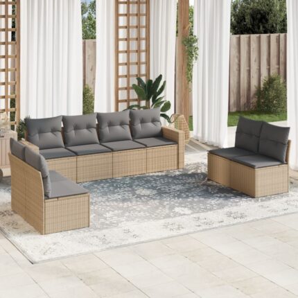 Salon de jardin avec coussins 8 pcs beige résine tressée