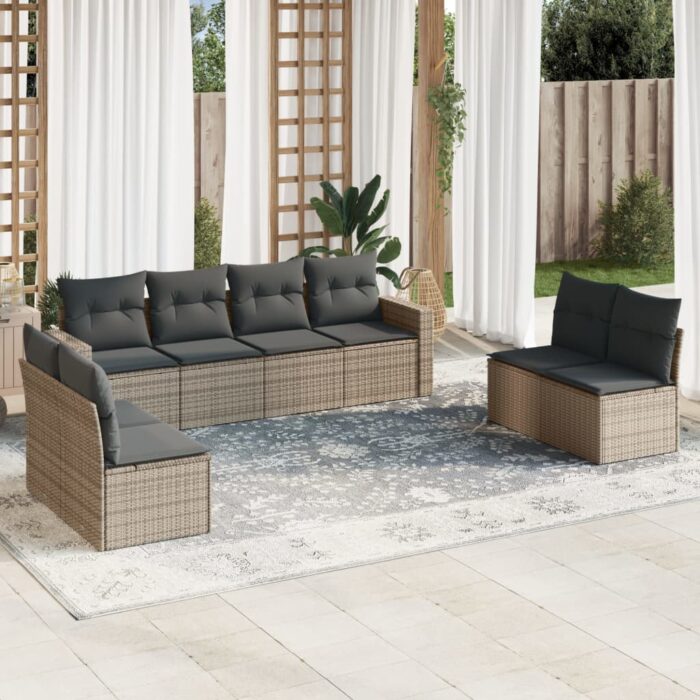 Salon de jardin 8 pcs avec coussins gris résine tressée – Image 1
