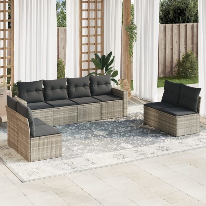 Salon de jardin 8 pcs avec coussins gris clair résine tressée – Image 1