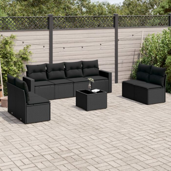 Salon de jardin 9 pcs avec coussins noir résine tressée – Image 1