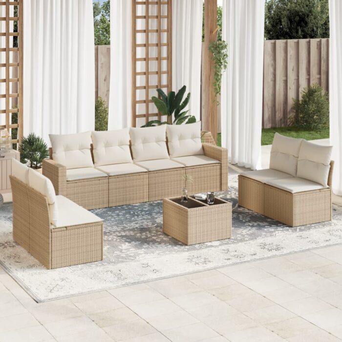 Salon de jardin avec coussins 9 pcs beige résine tressée – Image 1