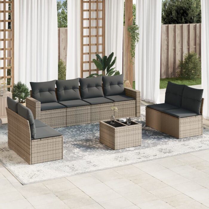 Salon de jardin 9 pcs avec coussins gris résine tressée – Image 1