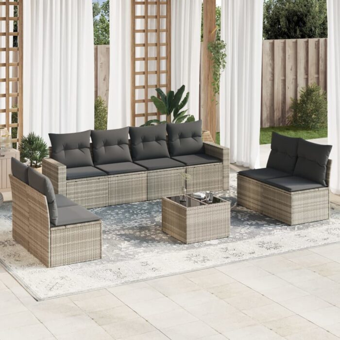 Salon de jardin 9 pcs avec coussins gris clair résine tressée – Image 1