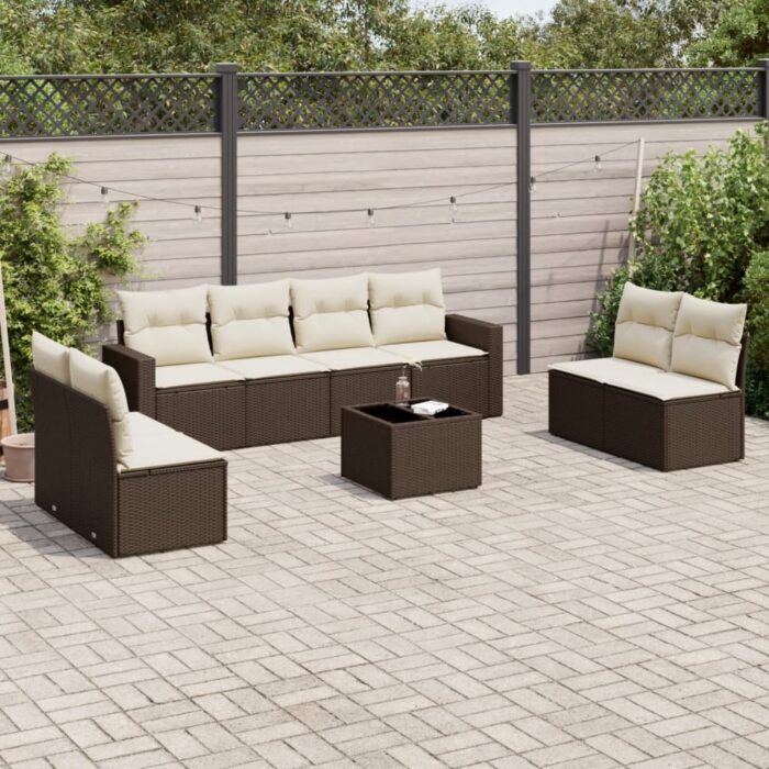 Salon de jardin avec coussins 9 pcs marron résine tressée – Image 1