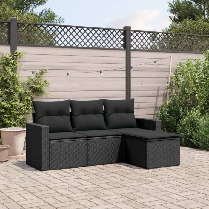 Salon de jardin 4 pcs avec coussins noir résine tressée – Image 1