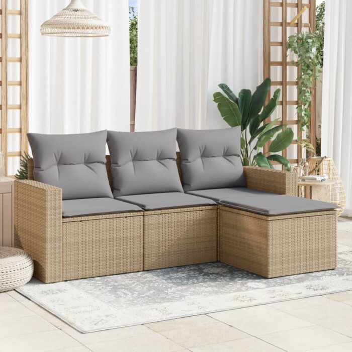 Salon de jardin avec coussins 4 pcs beige résine tressée – Image 1