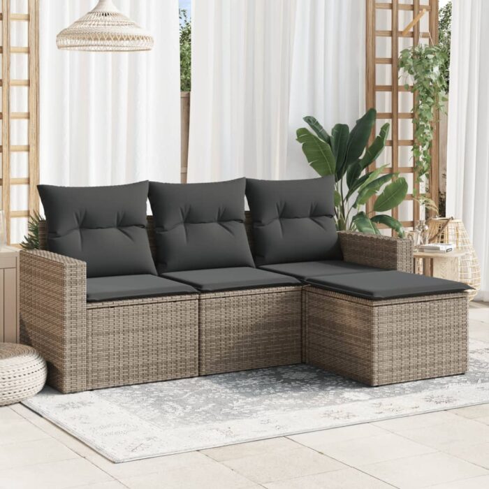 Salon de jardin 4 pcs avec coussins gris résine tressée – Image 1