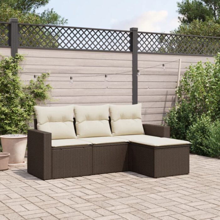 Salon de jardin 4 pcs avec coussins marron résine tressée – Image 1