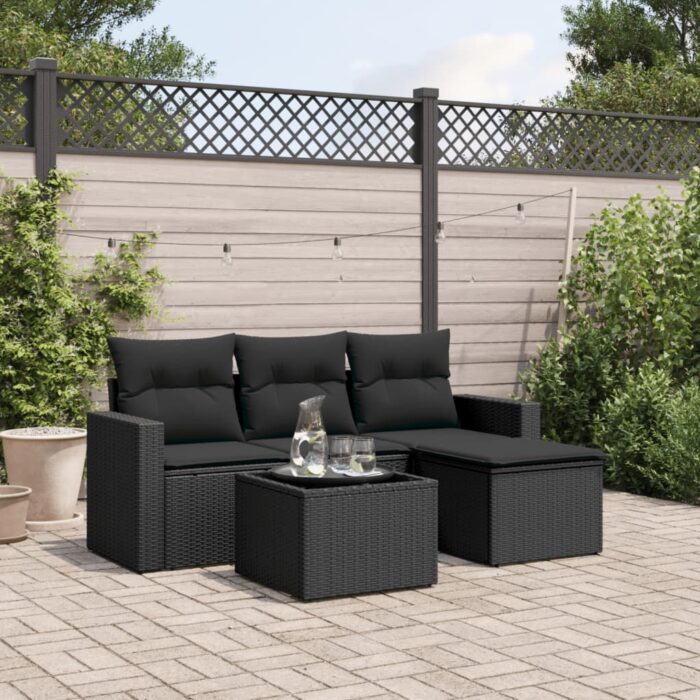 Salon de jardin 5 pcs avec coussins noir résine tressée – Image 1