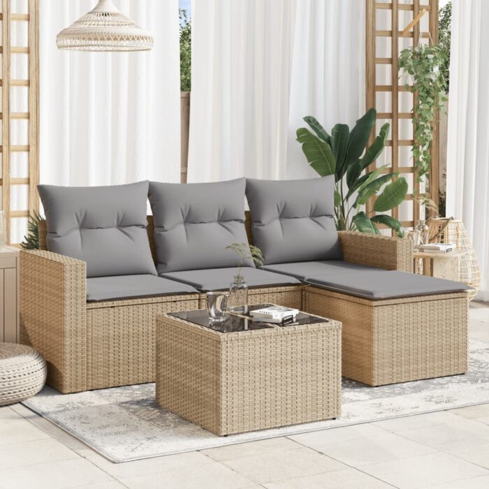Salon de jardin avec coussins 5 pcs beige résine tressée – Image 1