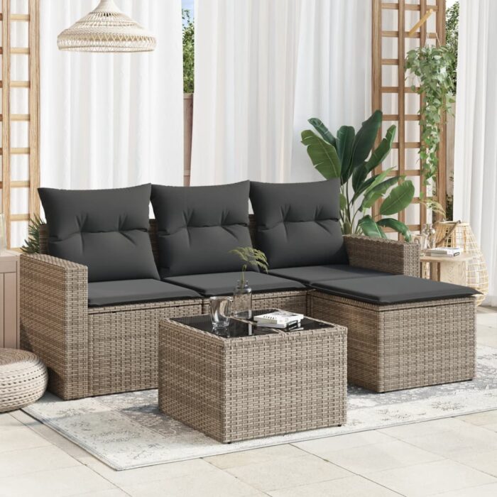 Salon de jardin 5 pcs avec coussins gris résine tressée – Image 1