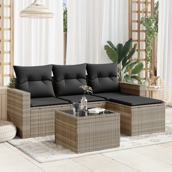Salon de jardin 5 pcs avec coussins gris clair résine tressée – Image 1