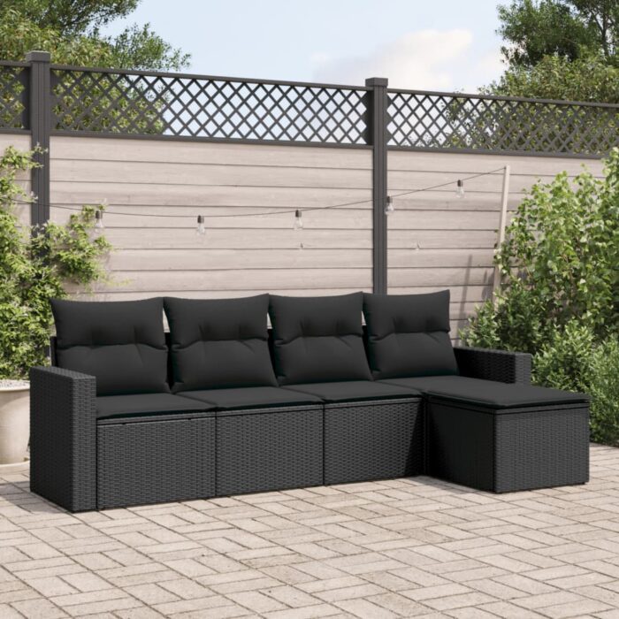 Salon de jardin 5 pcs avec coussins noir résine tressée – Image 1