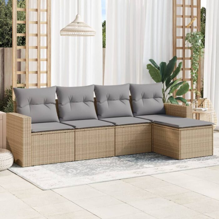 Salon de jardin avec coussins 5 pcs beige résine tressée – Image 1