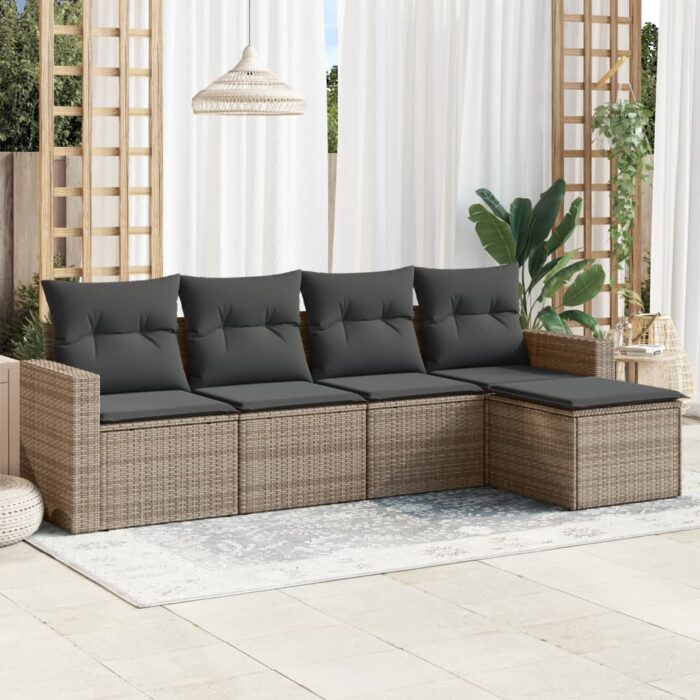 Salon de jardin 5 pcs avec coussins gris résine tressée – Image 1