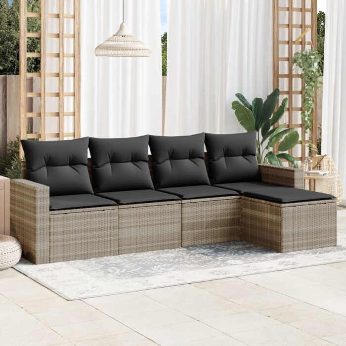Salon de jardin 5 pcs avec coussins gris clair résine tressée – Image 1