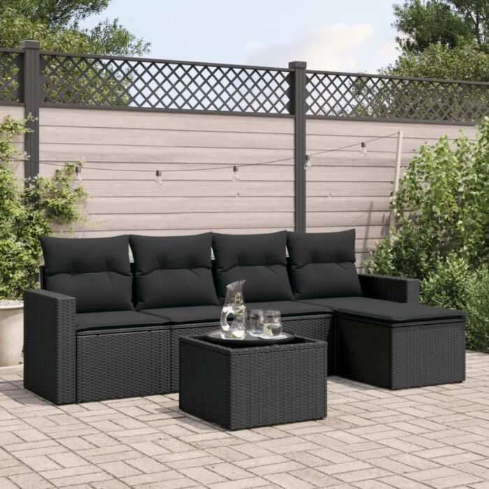Salon de jardin 6 pcs avec coussins noir résine tressée – Image 1