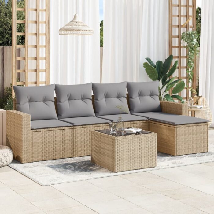 Salon de jardin avec coussins 6 pcs beige résine tressée – Image 1