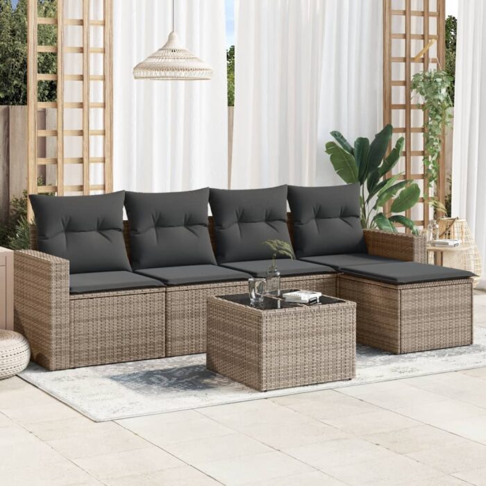 Salon de jardin 6 pcs avec coussins gris résine tressée – Image 1