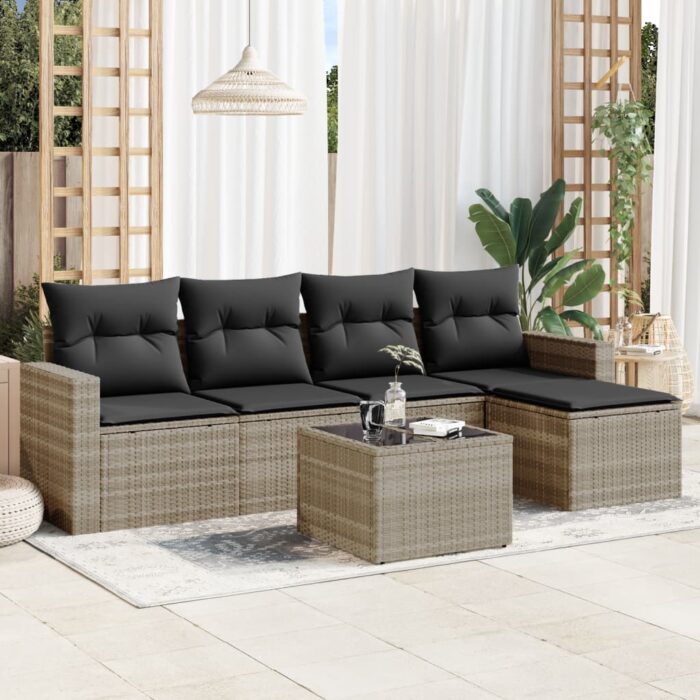 Salon de jardin 6 pcs avec coussins gris clair résine tressée – Image 1