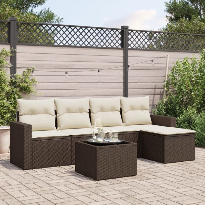 Salon de jardin avec coussins 6 pcs marron résine tressée – Image 1