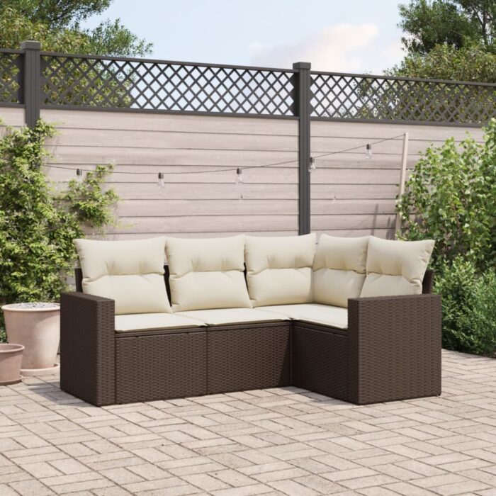 Salon de jardin 4 pcs avec coussins marron résine tressée – Image 1