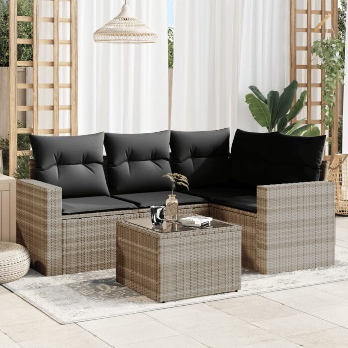 Salon de jardin 5 pcs avec coussins gris clair résine tressée – Image 1