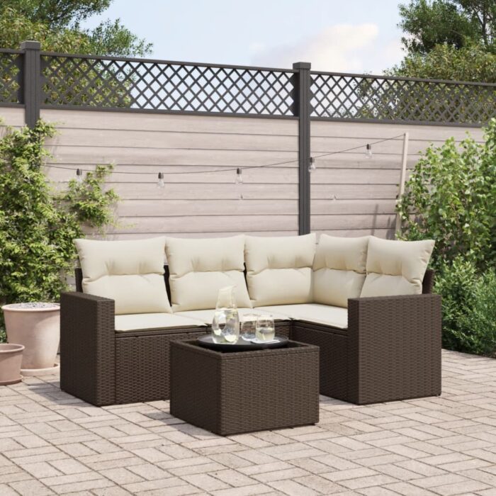 Salon de jardin avec coussins 5 pcs marron résine tressée – Image 1
