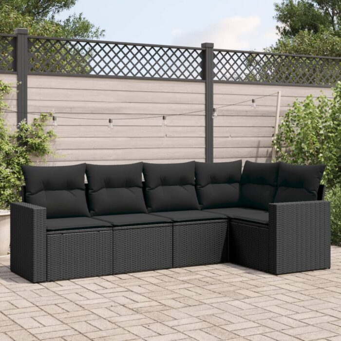 Salon de jardin 5 pcs avec coussins noir résine tressée – Image 1