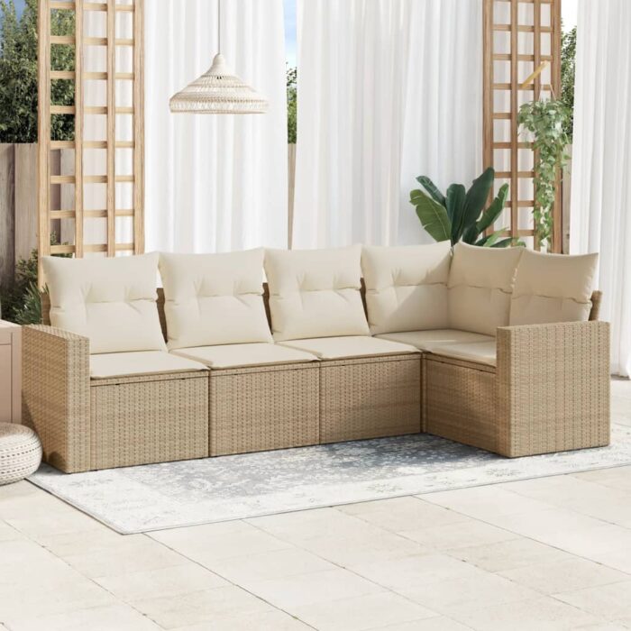 Salon de jardin avec coussins 5 pcs beige résine tressée – Image 1