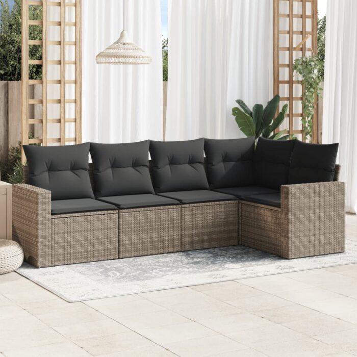 Salon de jardin 5 pcs avec coussins gris résine tressée – Image 1