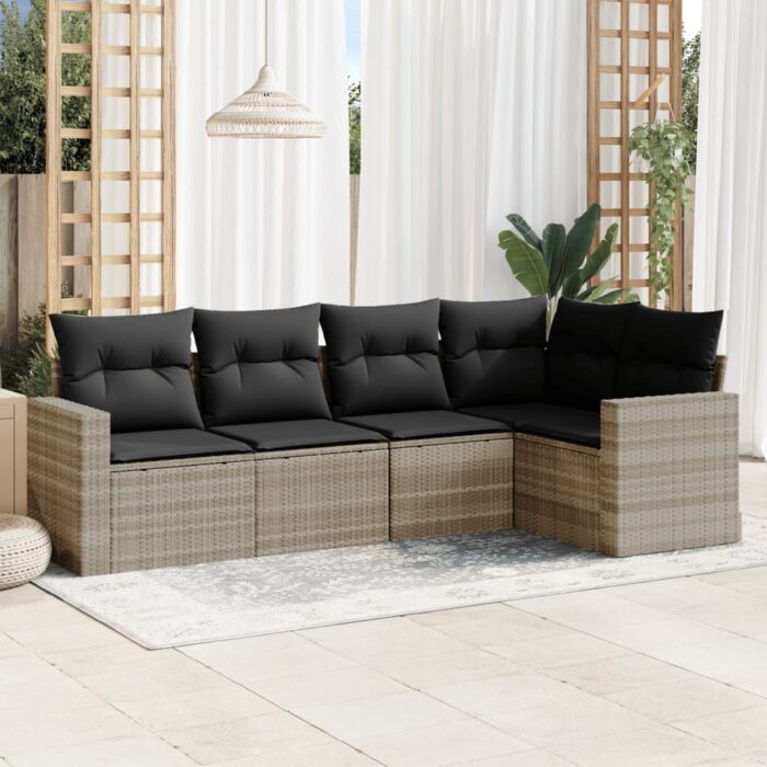 Salon de jardin 5 pcs avec coussins gris clair résine tressée – Image 1