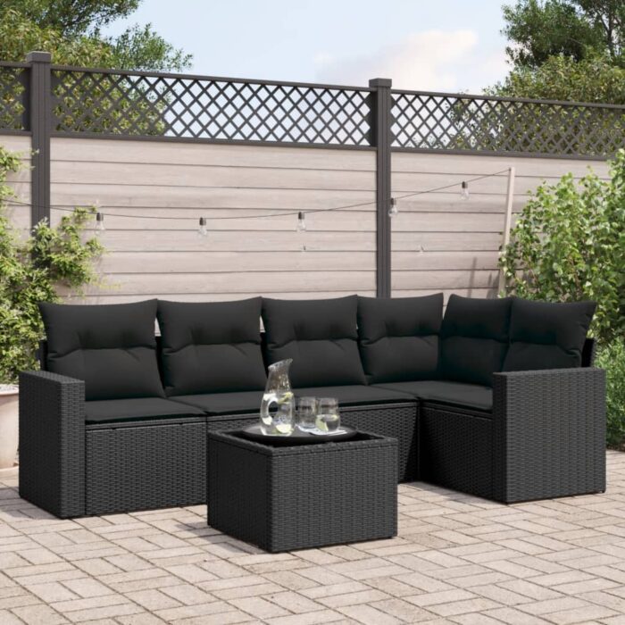 Salon de jardin 6 pcs avec coussins noir résine tressée – Image 1