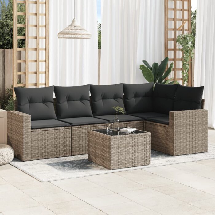 Salon de jardin 6 pcs avec coussins gris résine tressée – Image 1