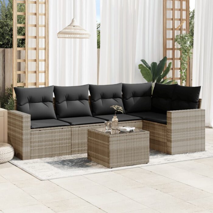 Salon de jardin 6 pcs avec coussins gris clair résine tressée – Image 1
