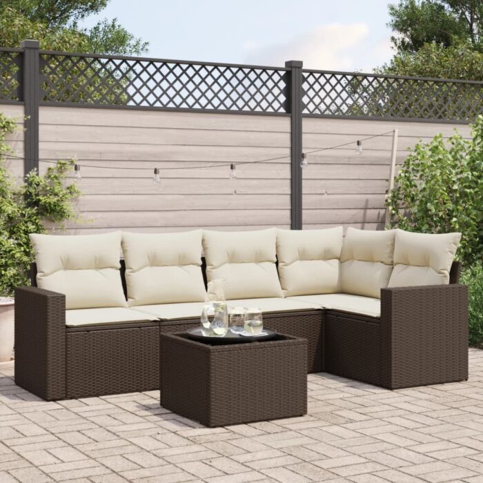 Salon de jardin avec coussins 6 pcs marron résine tressée – Image 1