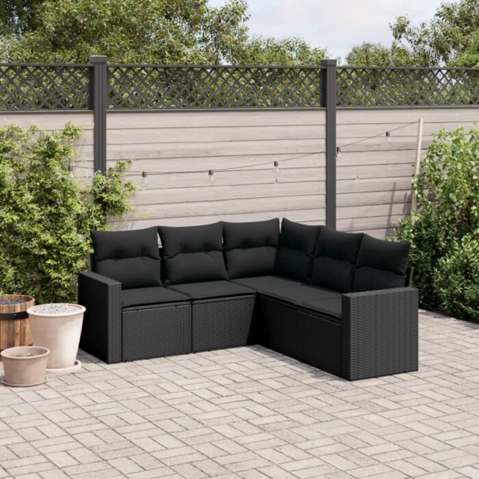 Salon de jardin 5 pcs avec coussins noir résine tressée – Image 1