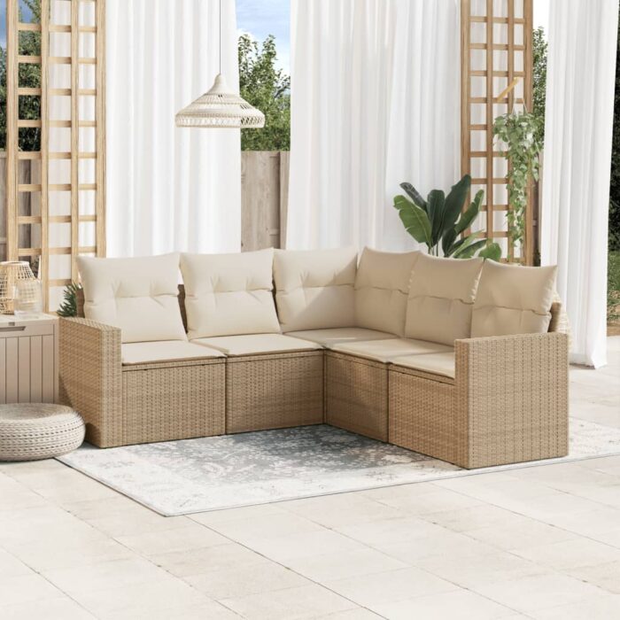 Salon de jardin avec coussins 5 pcs beige résine tressée – Image 1