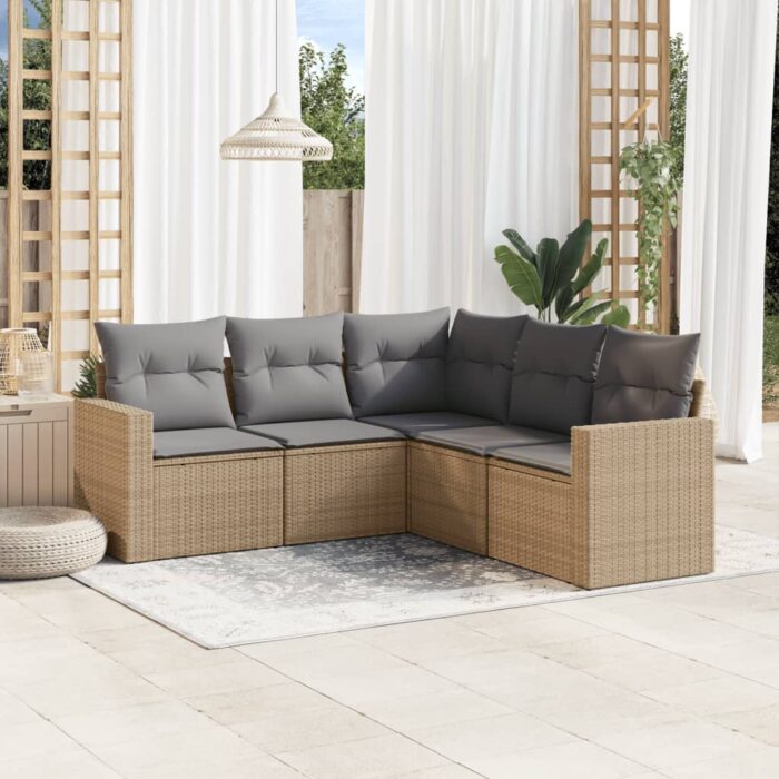 Salon de jardin avec coussins 5 pcs beige résine tressée – Image 1