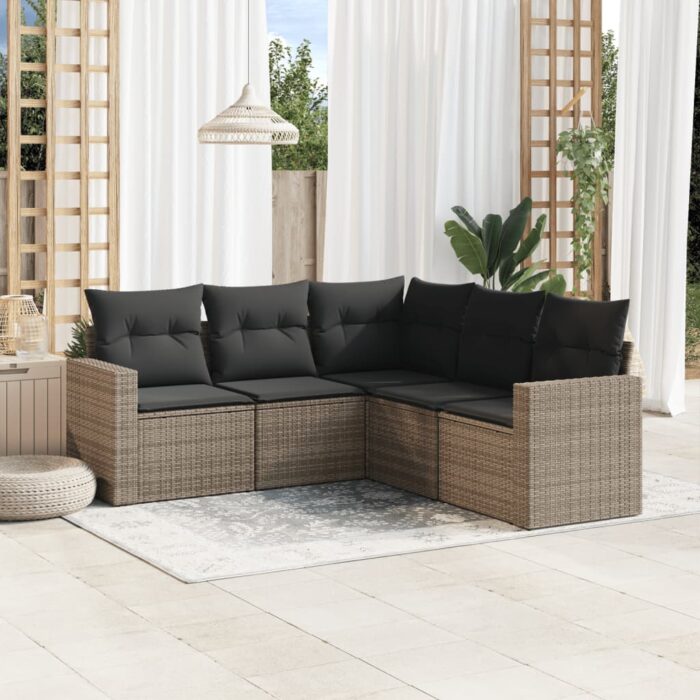 Salon de jardin 5 pcs avec coussins gris résine tressée – Image 1